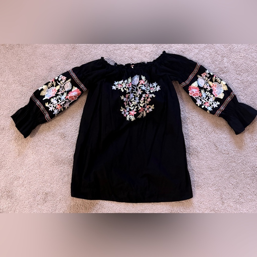 Free People Fleur Du Jour Embroidered Off Shoulder Dress Black Boho NWOT Size L - Picture 5 of 7